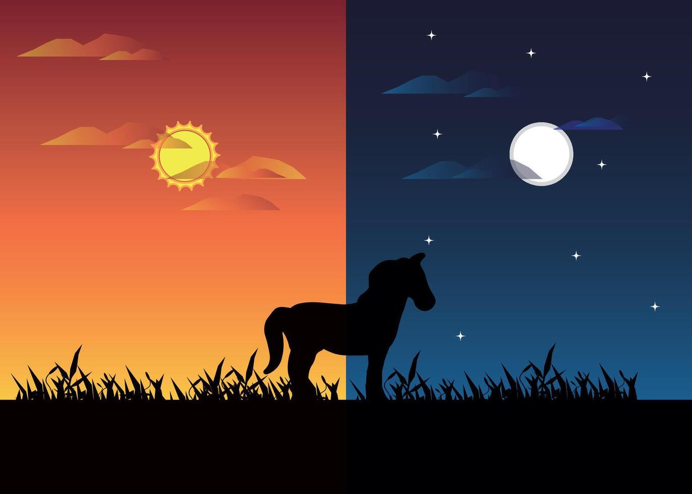 Day and Night Portrait Background with Horse Silhouette vector