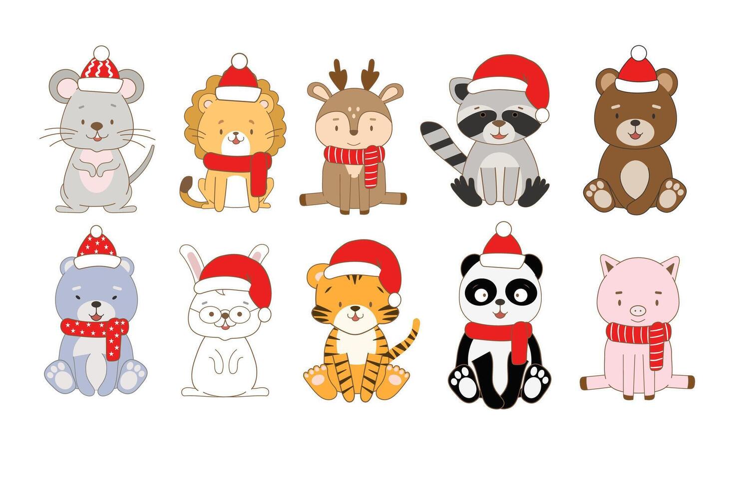 A set of cute cartoon animals in Christmas hats vector