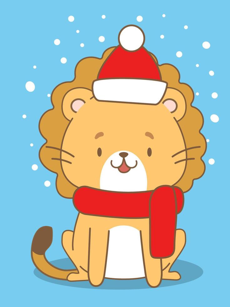 Cute Christmas card with a cartoon lion in red cap vector