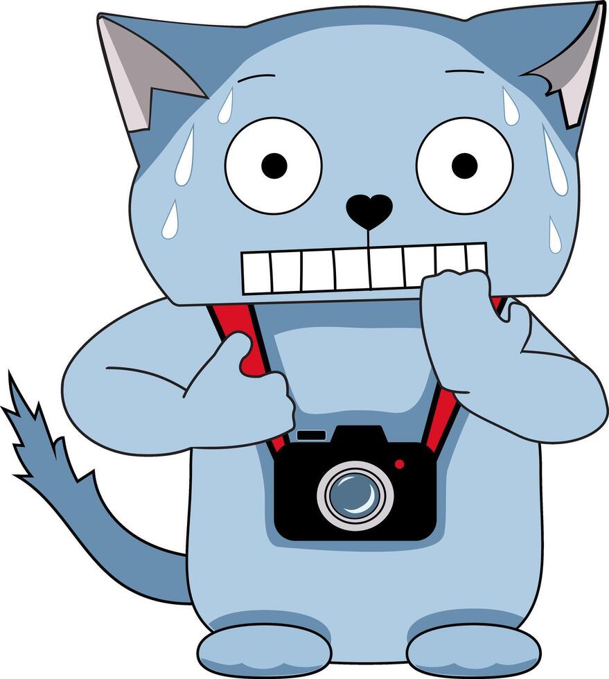 Funny cartoon cat photographer, with a scared face vector