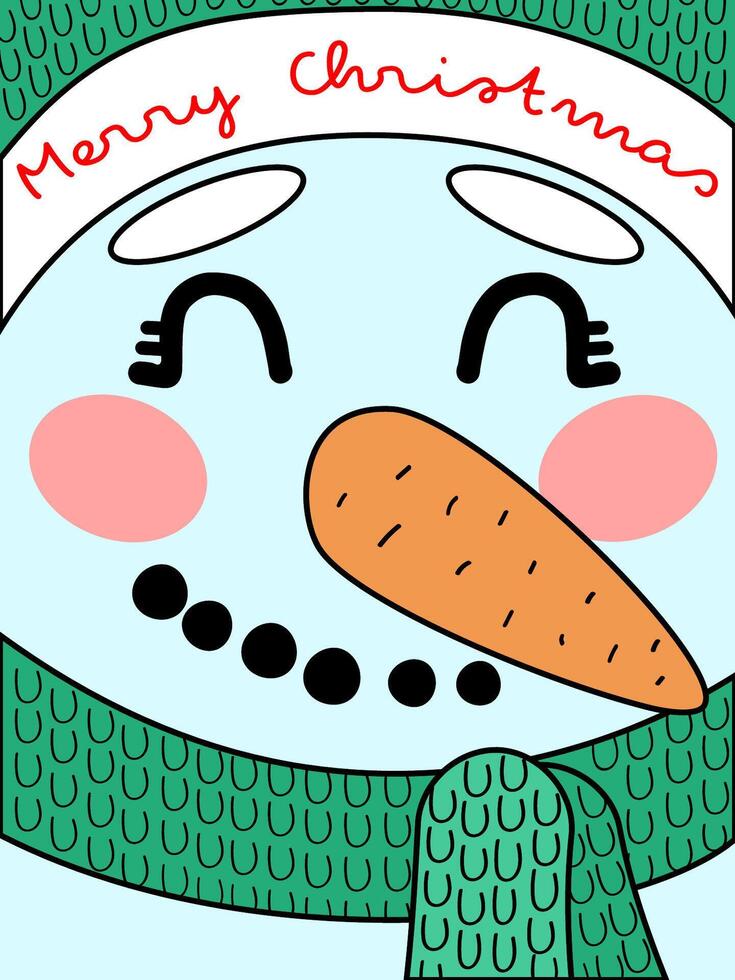 Cute christmas card with a snowman in a green hat vector