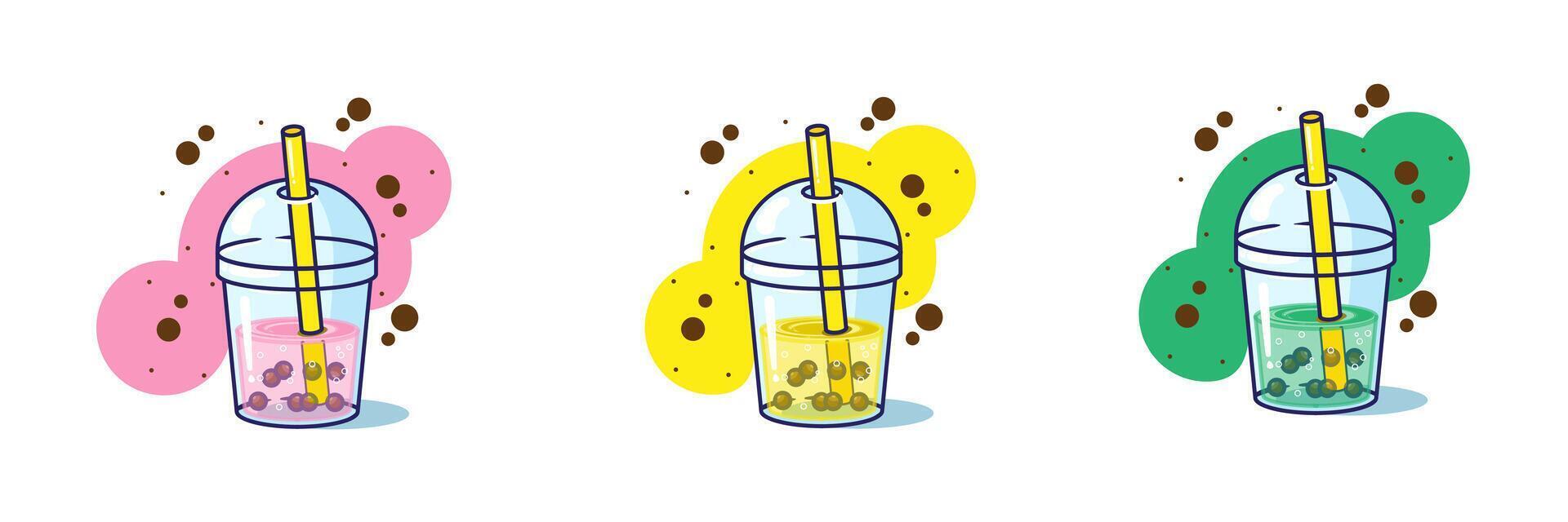 Set of bubble boba milk tea illustration cartoon design, pink orange and green vector