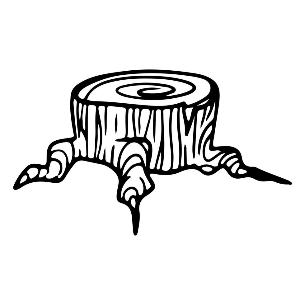 Doodle line stump. Forest. Stroke art. Black and white. Part of a tree. Coloring book vector