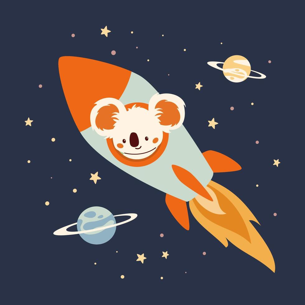Flat illustration in children's style. Cute kofla in a rocket flying in space, stars and planets vector