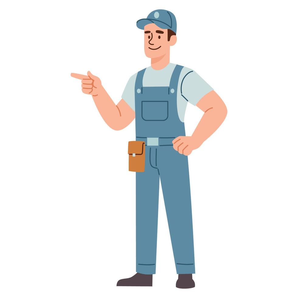 Flat illustration. Man plumber pointing at something with finger, white background vector