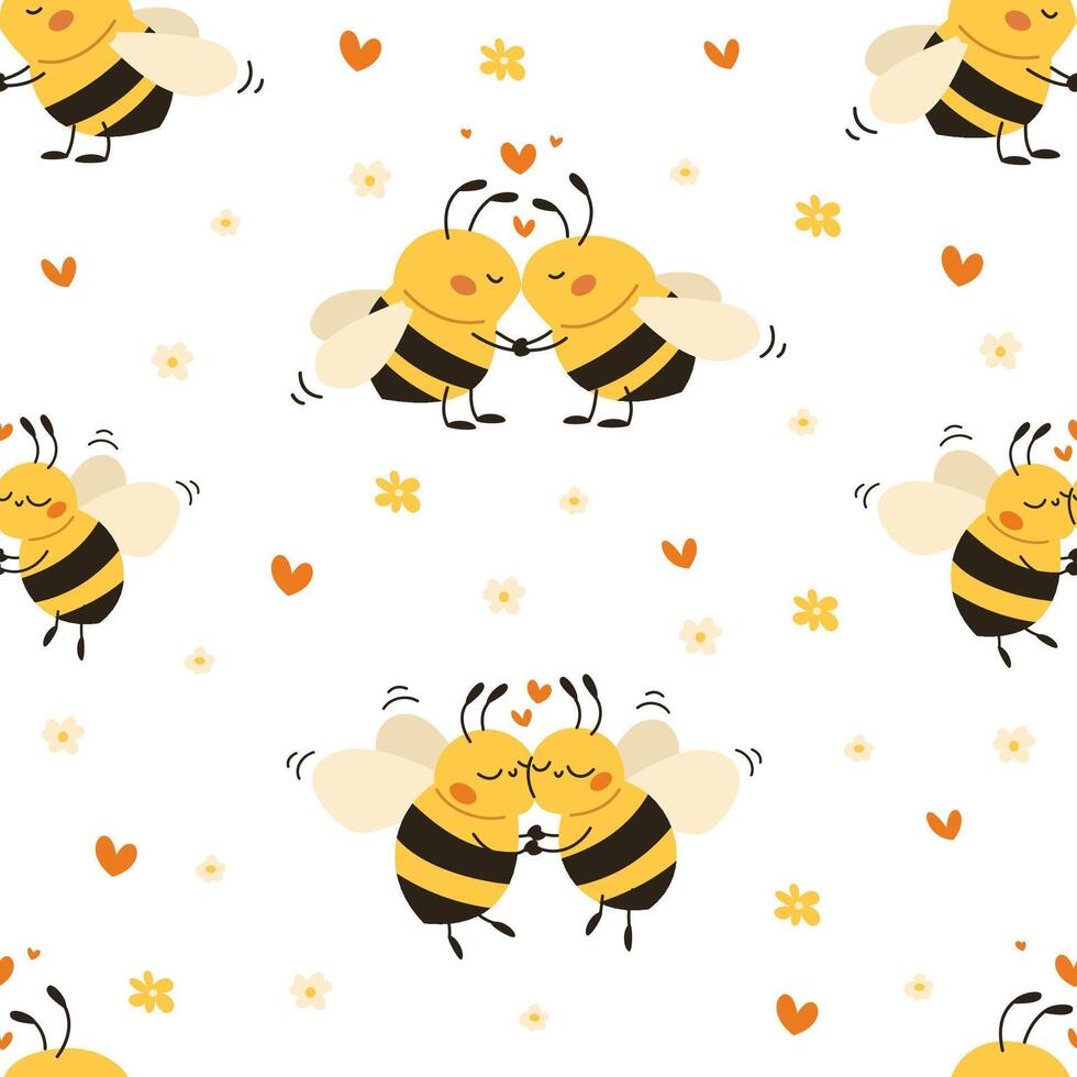 Seamless pattern. Milfe happy bees hugging and kissing, daisies and hearts. vector