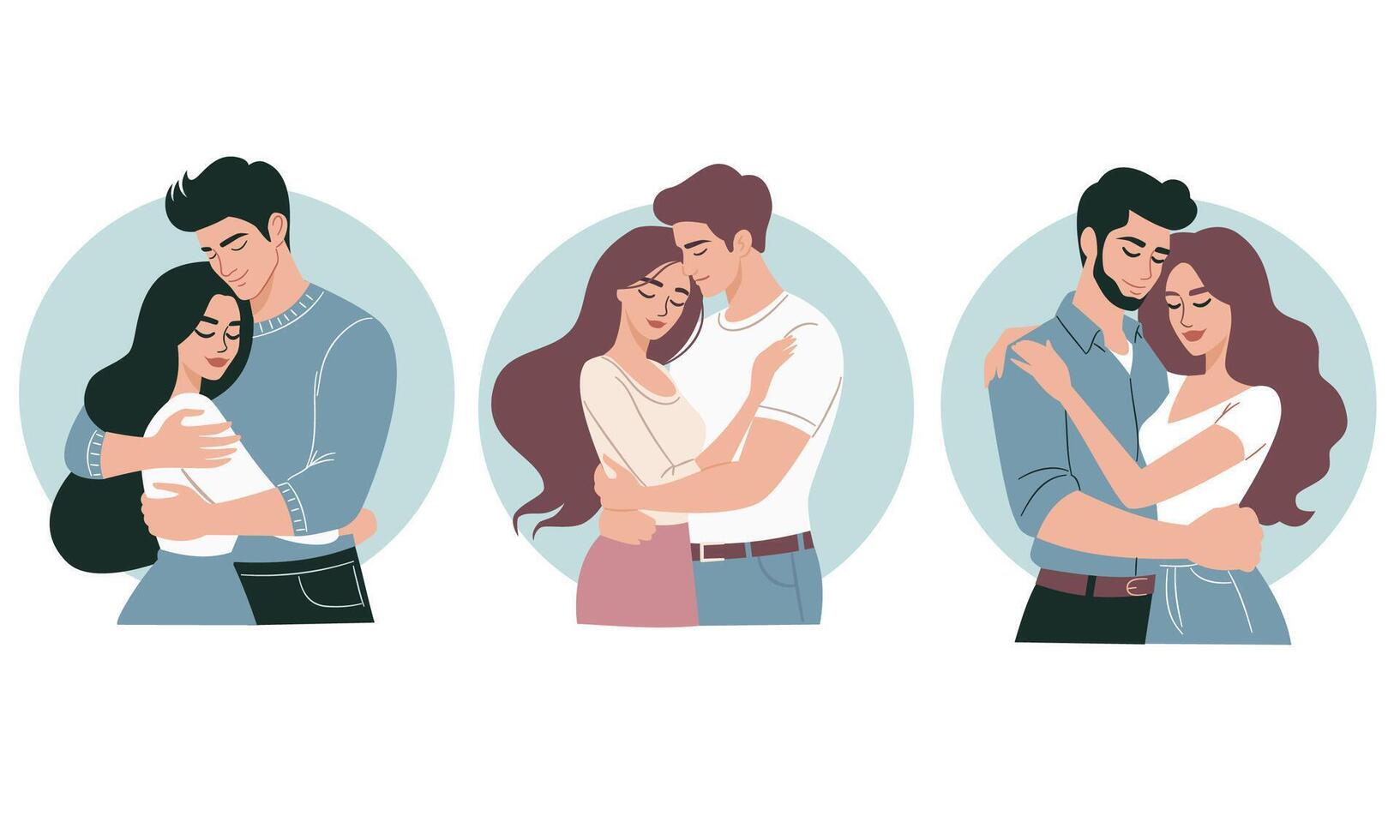Set of flat illustrations. Man and woman embracing and loving each other vector