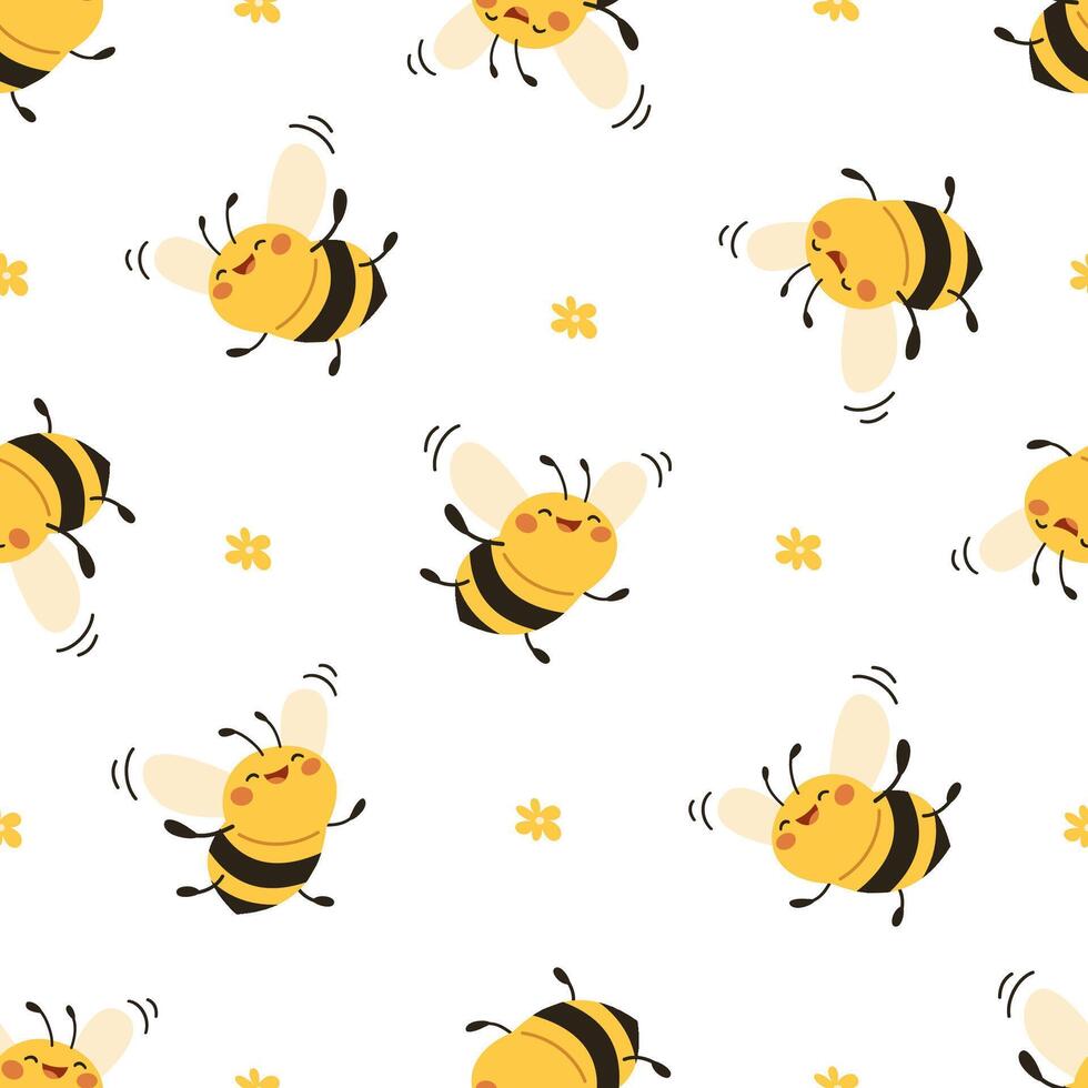 Seamless pattern. Cute happy bee and daisies vector