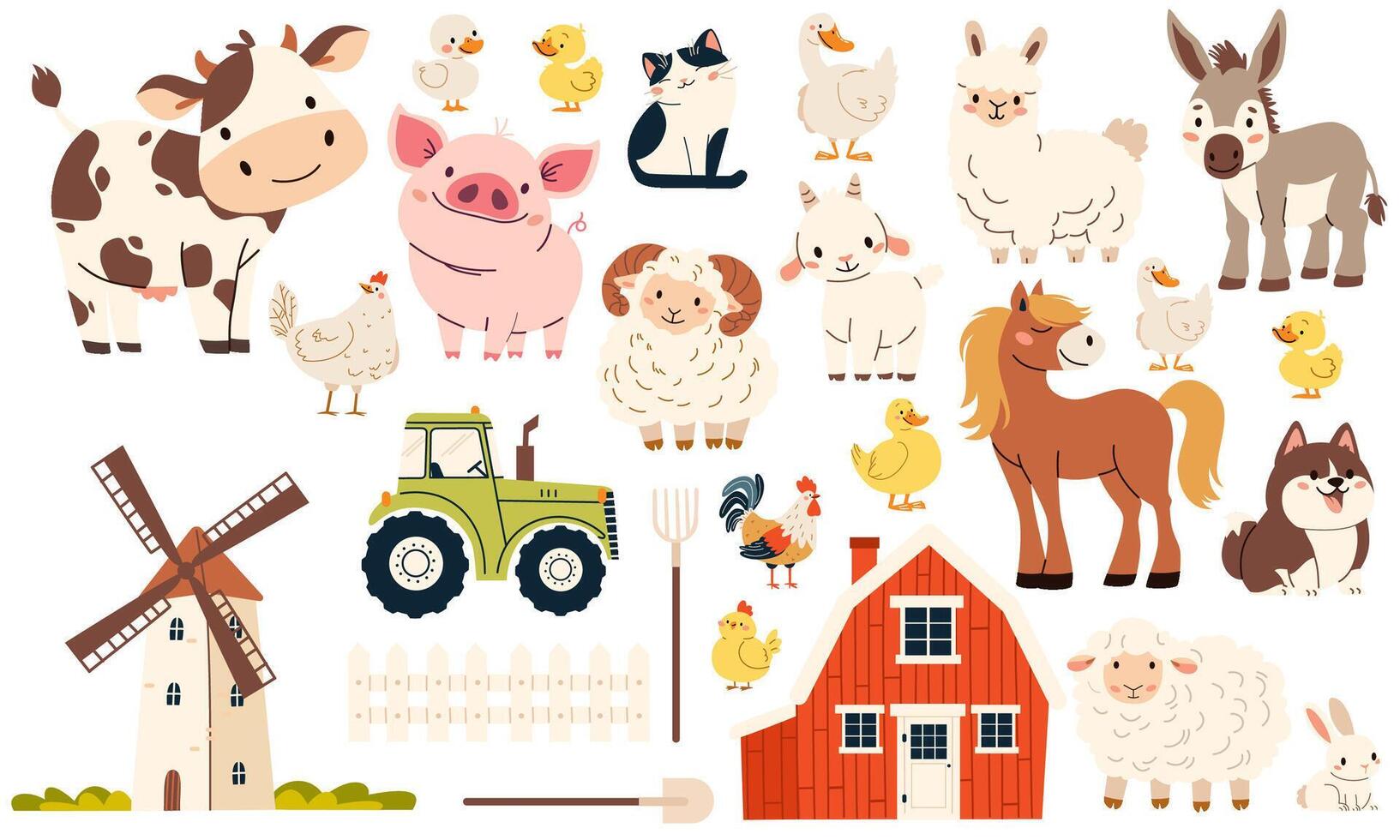 A collection of farm pets and buildings. Mill farm farm tractor fork shovel shovel fence. Cow pig lamb sheep sheep horse dog dog cat goose goose duck hen rooster goat vector