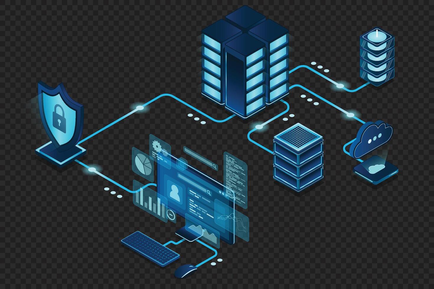 VPN protection with a shield. Virtual private network security technology concept. Cyber security. illustration vector