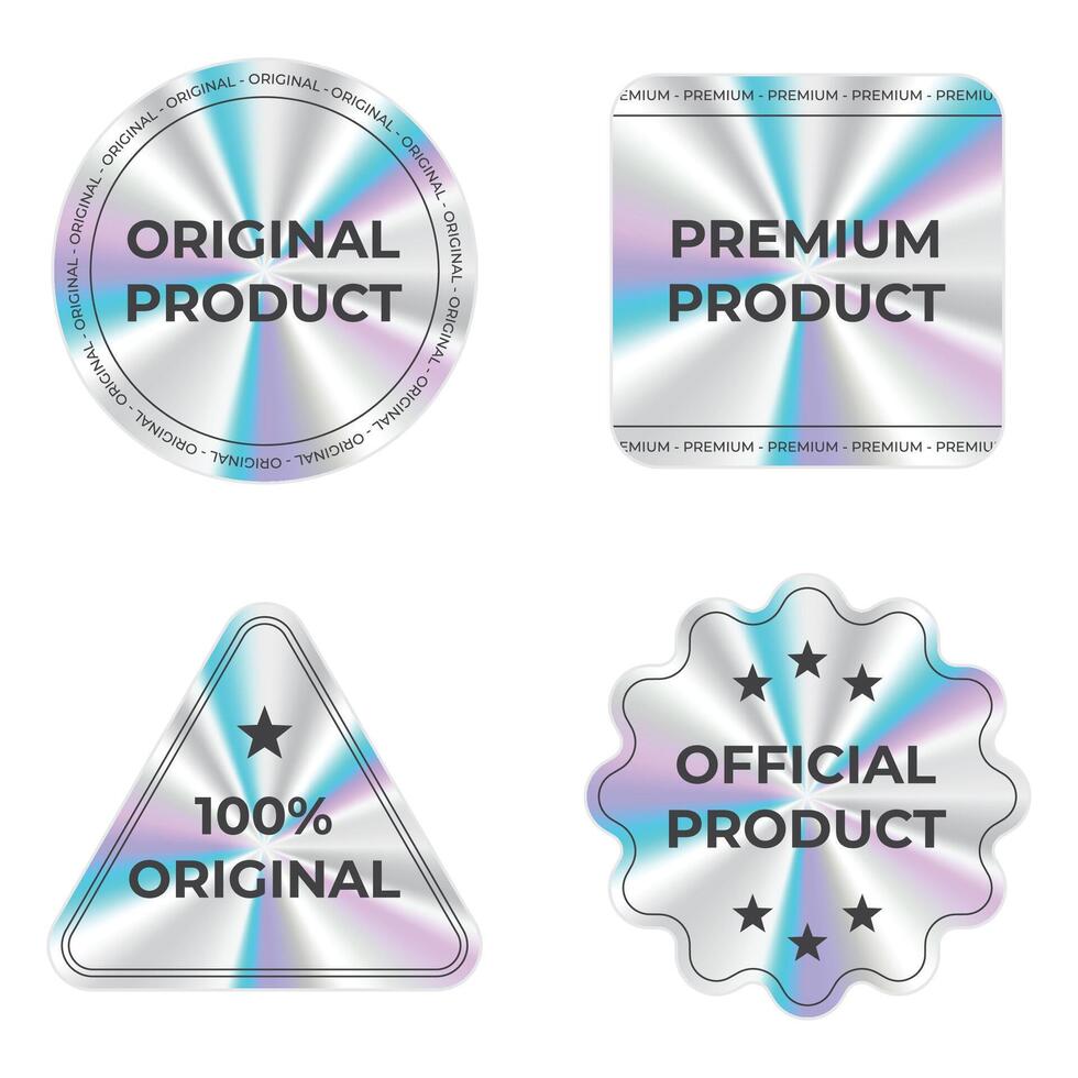 Set of secure holographic sticker. Holographic sticker quality emblem. Shiny rainbow emblem. Symbol of certification product. illustration vector