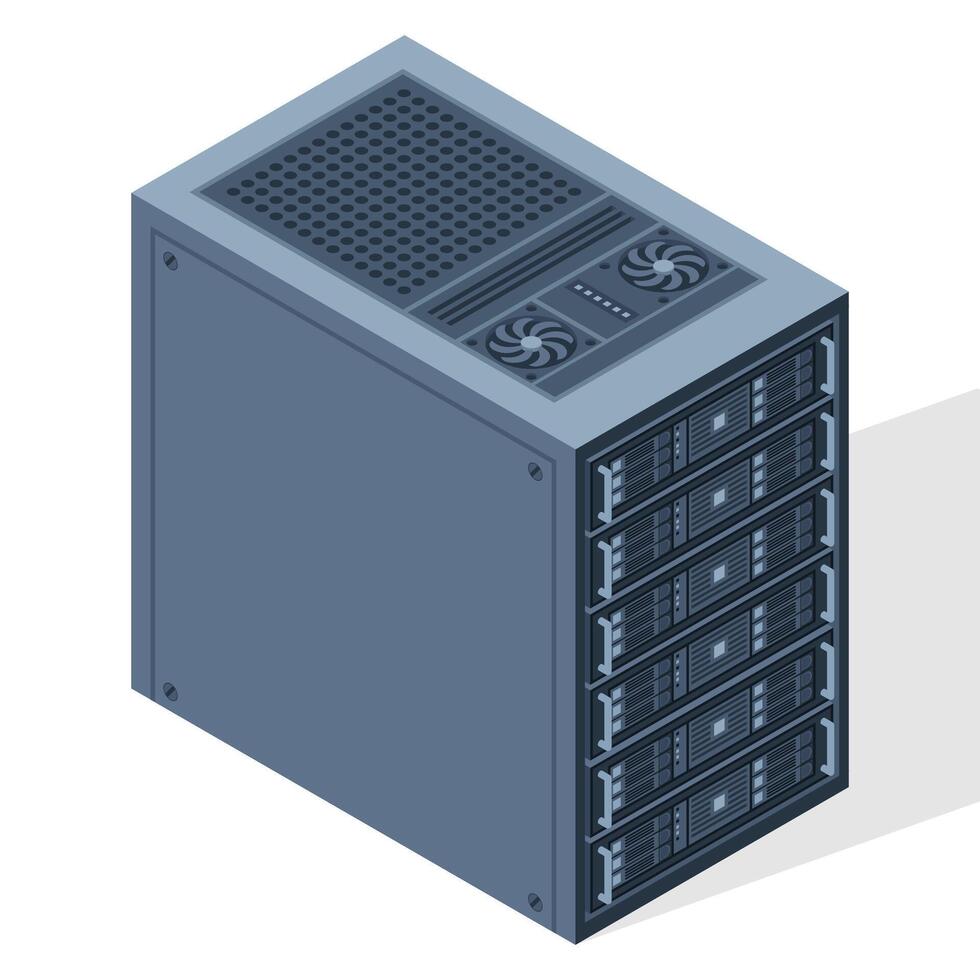 Isometric server. Server racks. Server boxes isolated. Network server room. Computer network technology. illustration vector