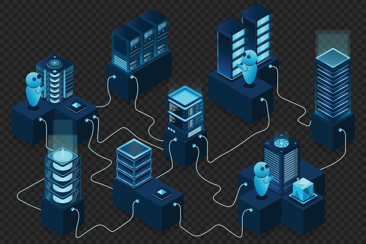 3d isometric concept big data center with server. Cloud computing. Network mainframe infrastructure. Isometric high technology concept vector