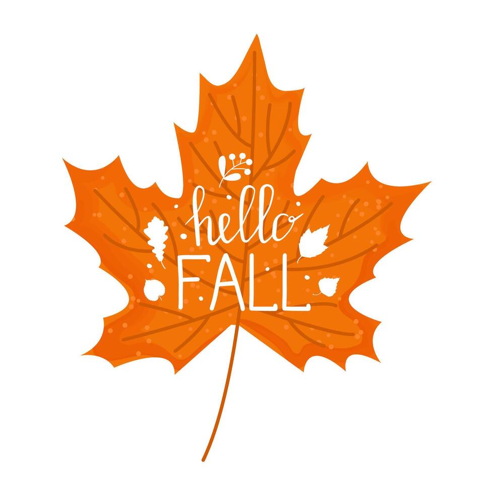Hello, fall calligraphy. Cute autumn hand draw lettering illustration. Happy autumn. Autumn banner. Maple leaf with watercolor effect. vector