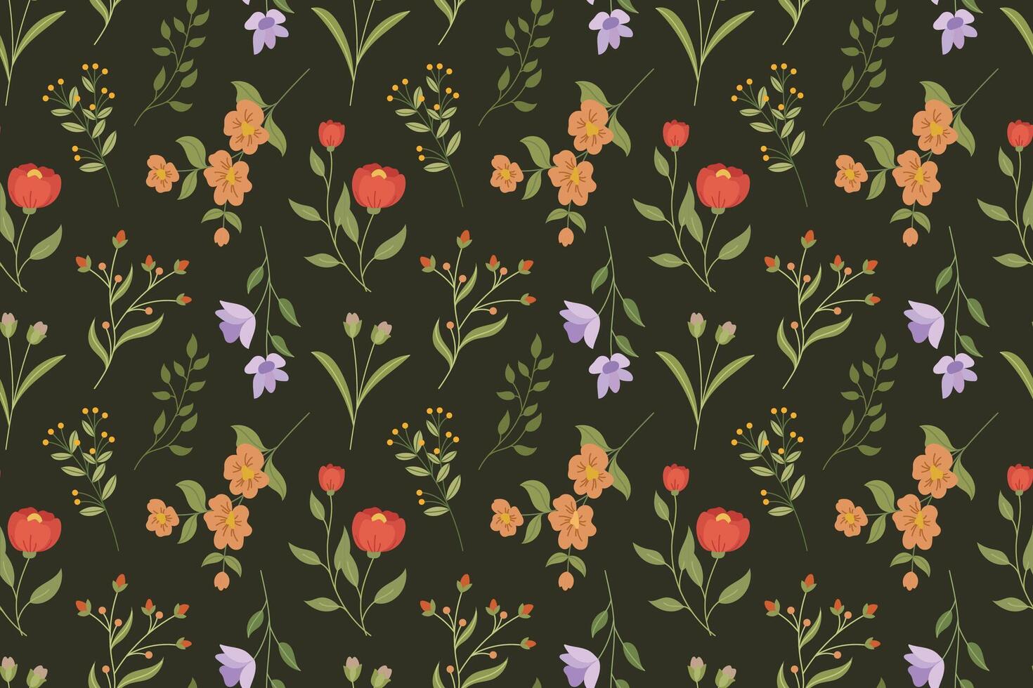 a pattern with flowers and leaves on a dark background vector