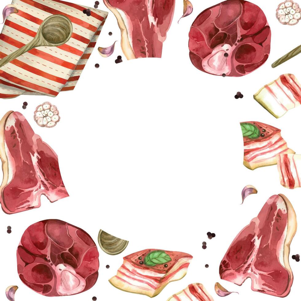 Meat, meat products, pork, beef, lard and bacon, steaks, striped towel, spoon, pepper and garlic. All objects are hand-drawn with watercolor. Round frame for food packaging design, menu vector