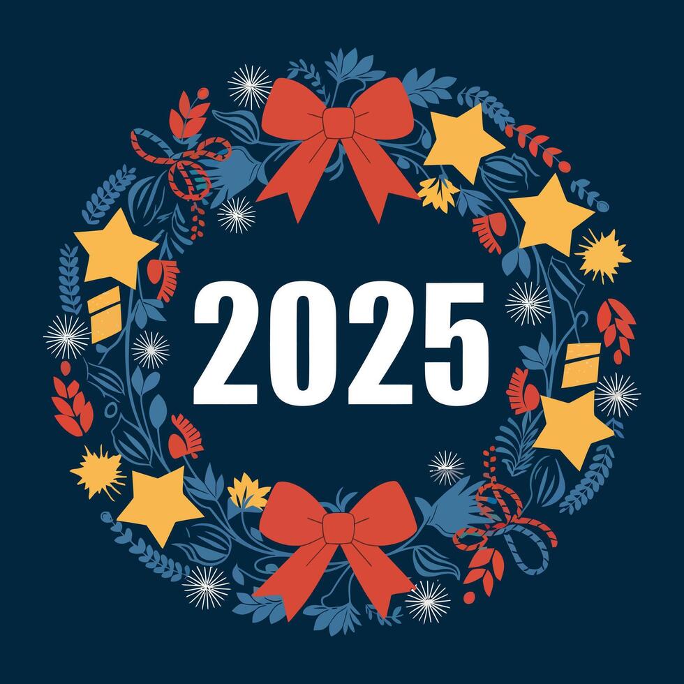 Vibrant 2025 New Year Celebration Banner, Adorned with Stars and Ribbon Design Elements vector