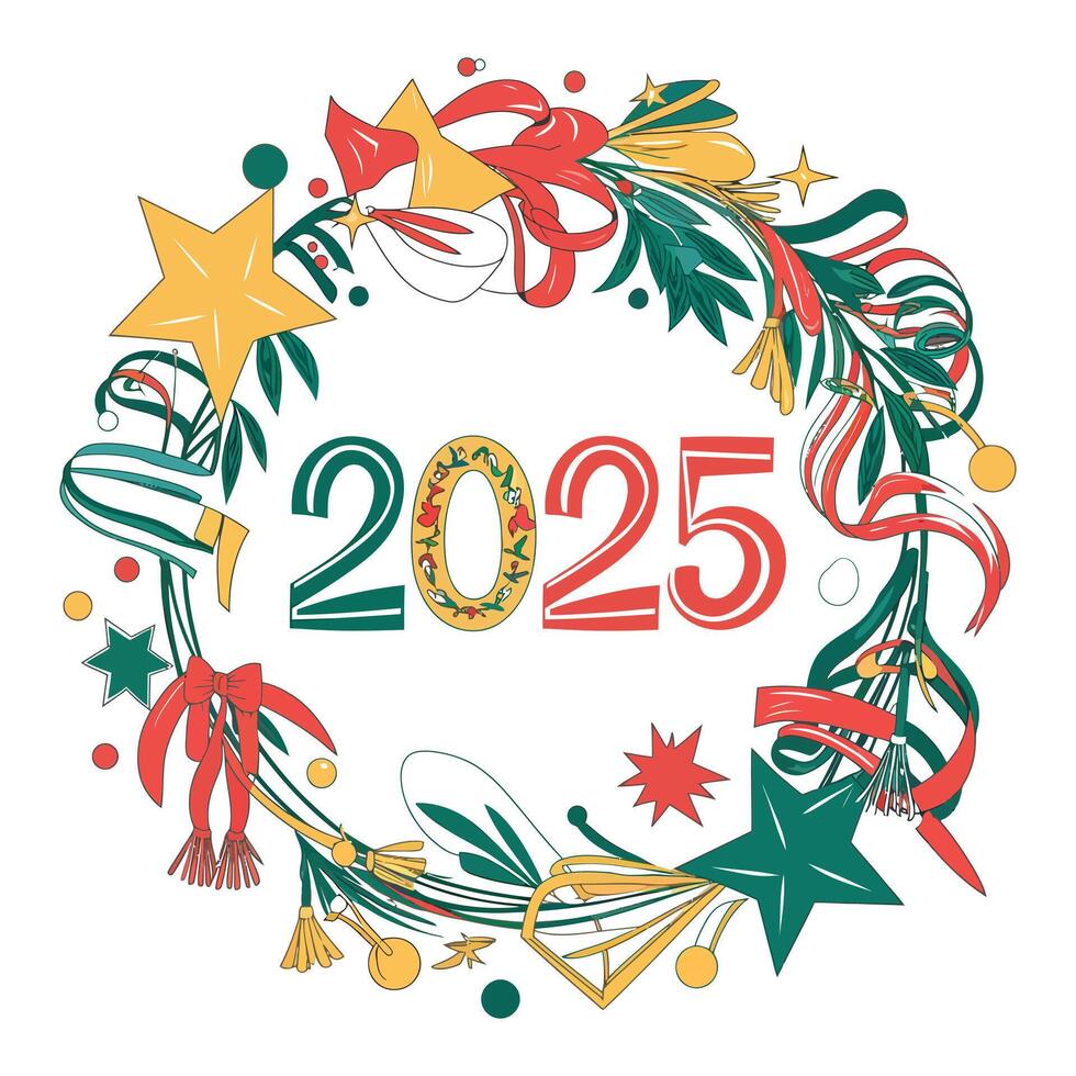 2025 new year festive celebration banner with stars and ribbon design elements vector