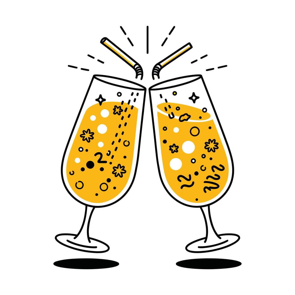 Stylish Clinking Juice Glasses with Bubbly Drinks, Clean Illustration and Shiny 2025 Effec vector