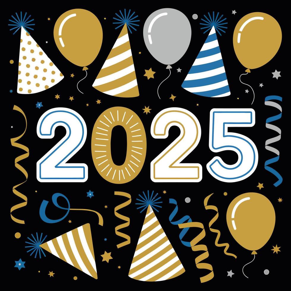Bright and Playful 2025 Party Hats, Balloons, and Streamers Illustration Set in Gold, Silver, and Black vector