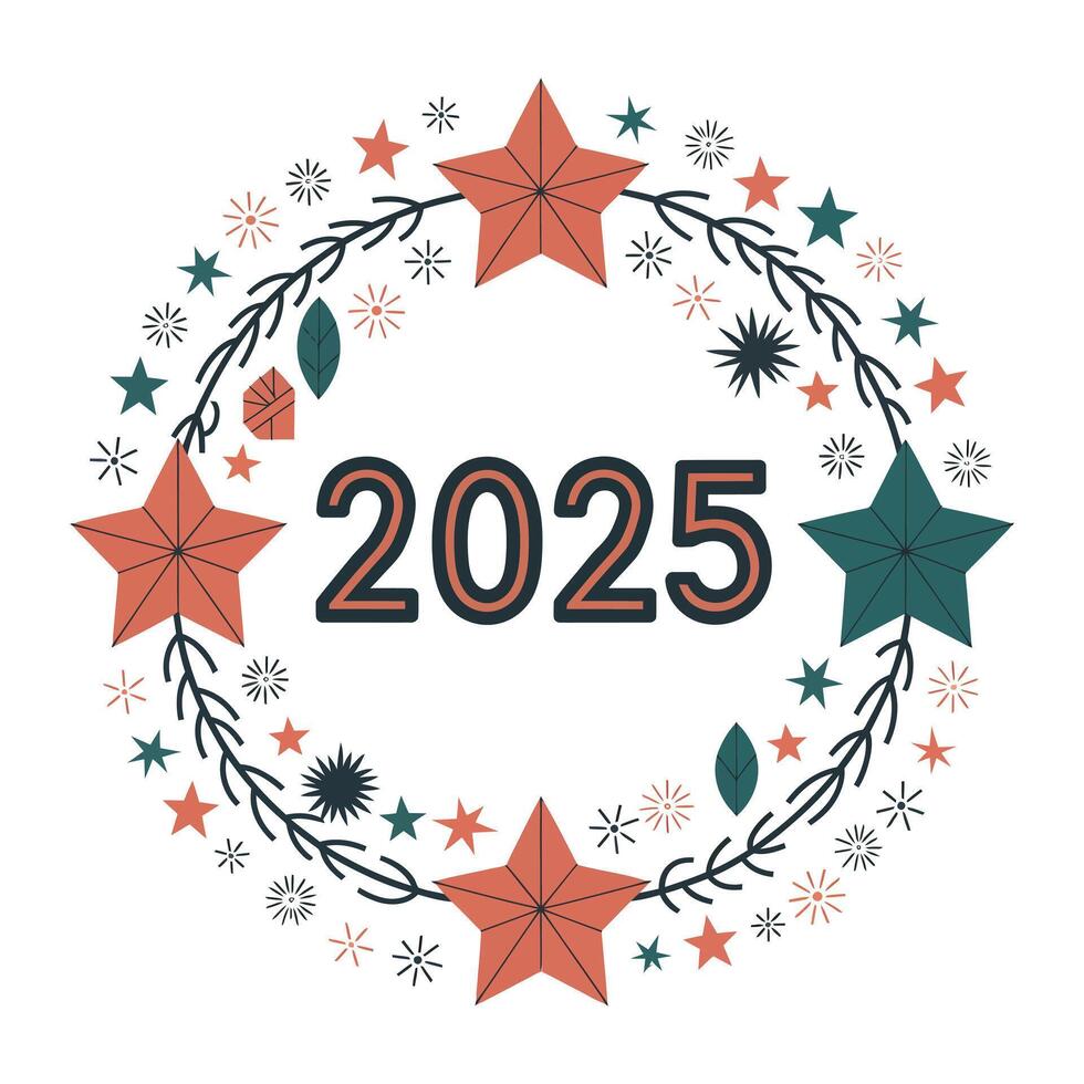 Bright 2025 New Year Celebration, Featuring a Festive Wreath and Cascading Confetti vector
