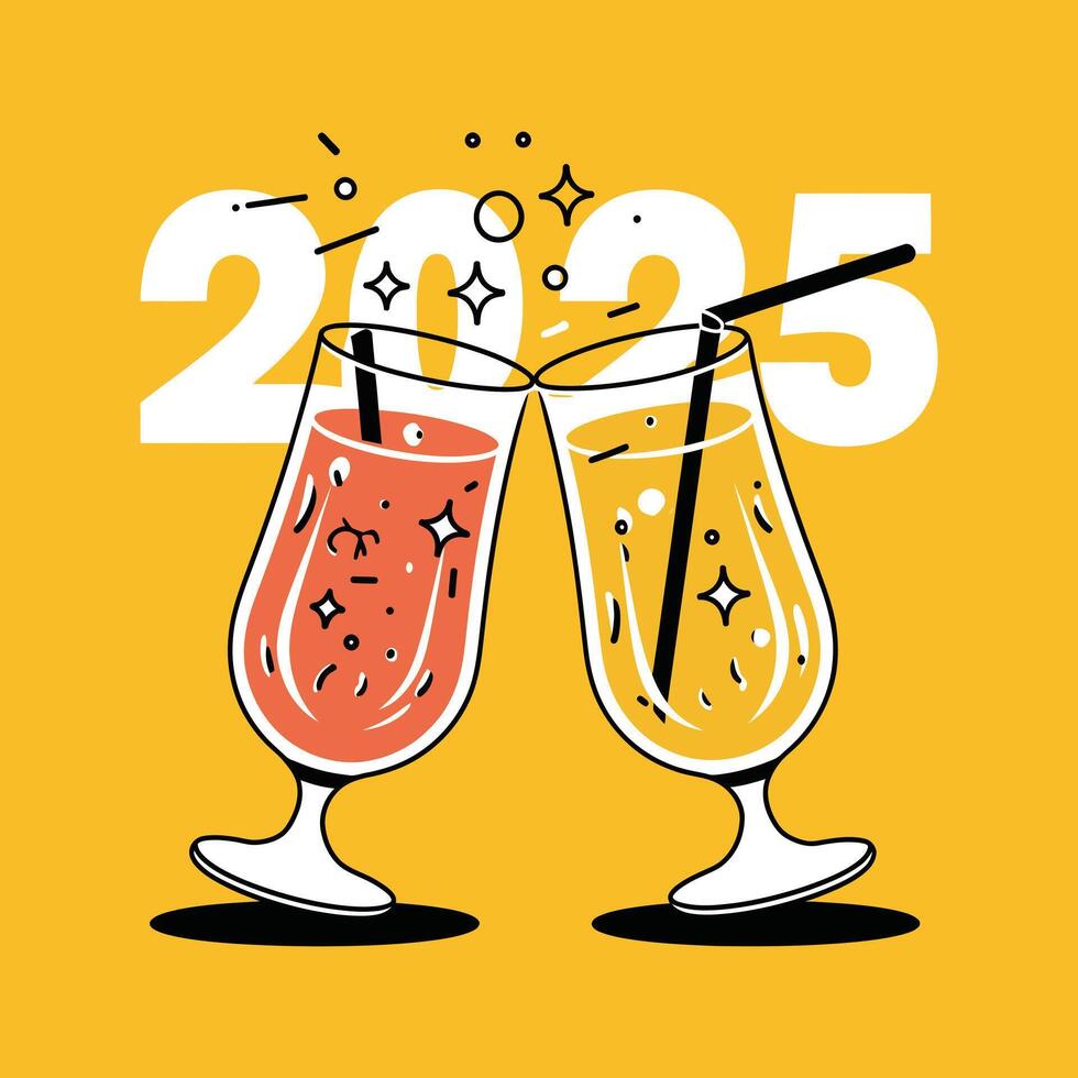 Elegant Clinking Juice Glasses Illustration, Bubbly Drinks and Shiny 2025 Effect vector