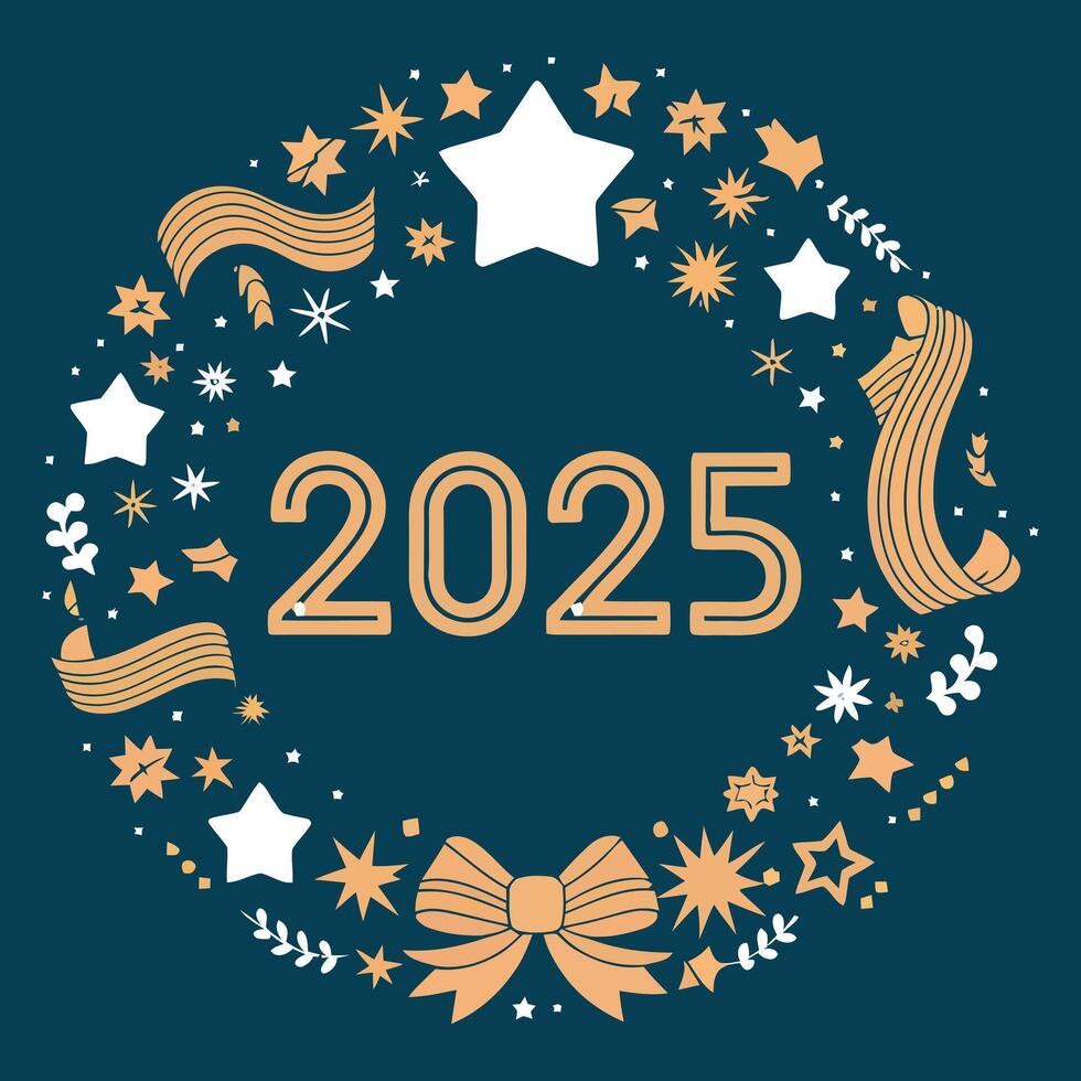 Lively 2025 New Year Festive Banner, Adorned with Stars and Ribbon Elements for a Celebratory Look vector