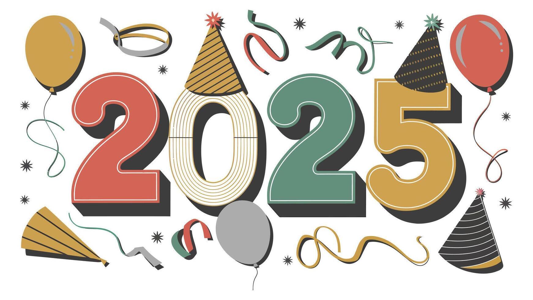 Cheerful 2025 Party Illustration Collection, Featuring Gold, Silver, and Black Hats, Balloons, and Streamers vector