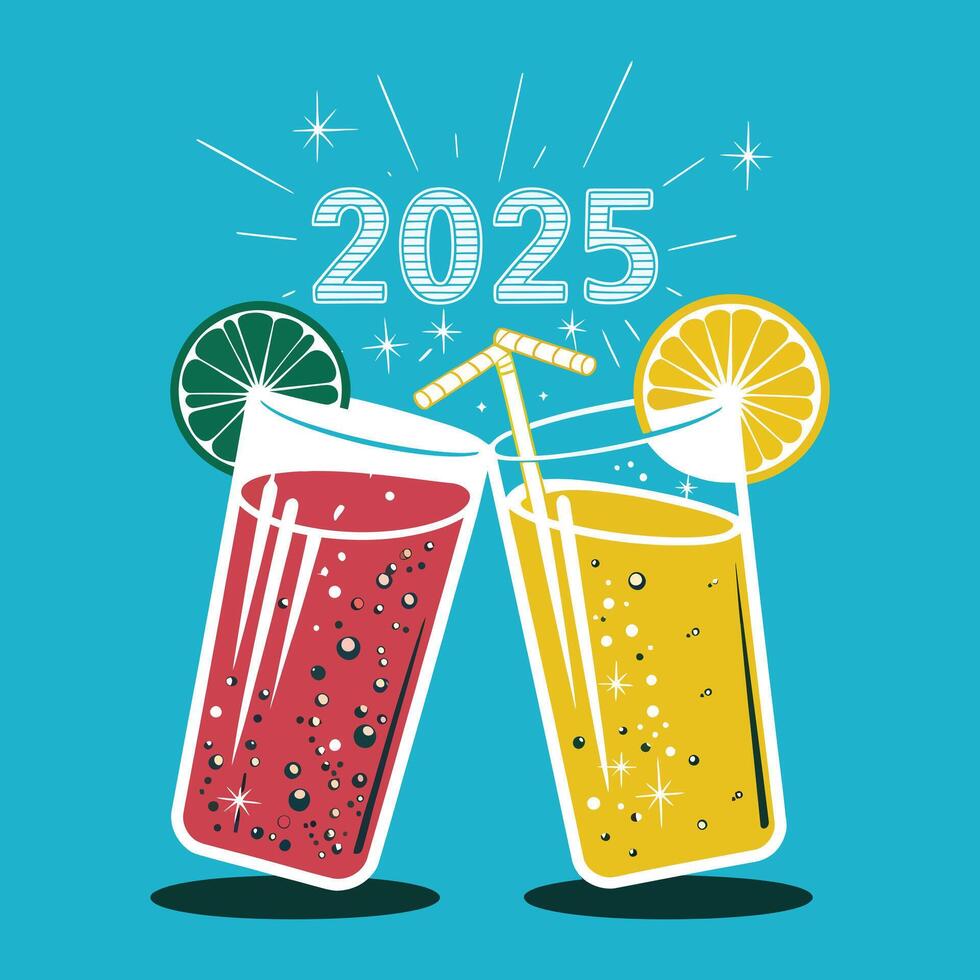 Vibrant Juice Glasses Illustration, Clinking with Bubbly Drinks and Shiny 2025 Effect vector