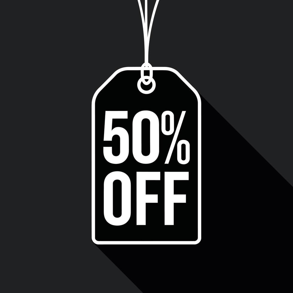 Hanging Black Friday Sale Tag, 50 percent Off Label Displayed on a Dark Background vector