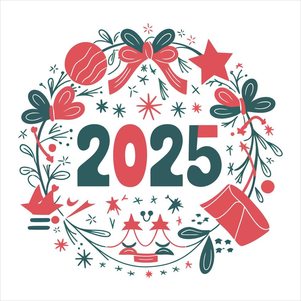 Joyous 2025 New Year Celebration with a Festive Wreath and Burst of Confetti vector