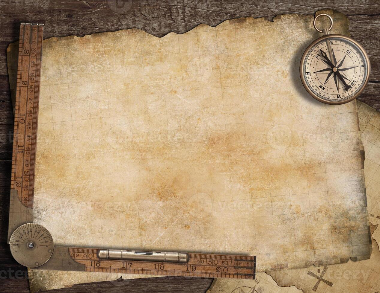 Blank treasure map background with, old compass and ruler. Adventure concept. photo