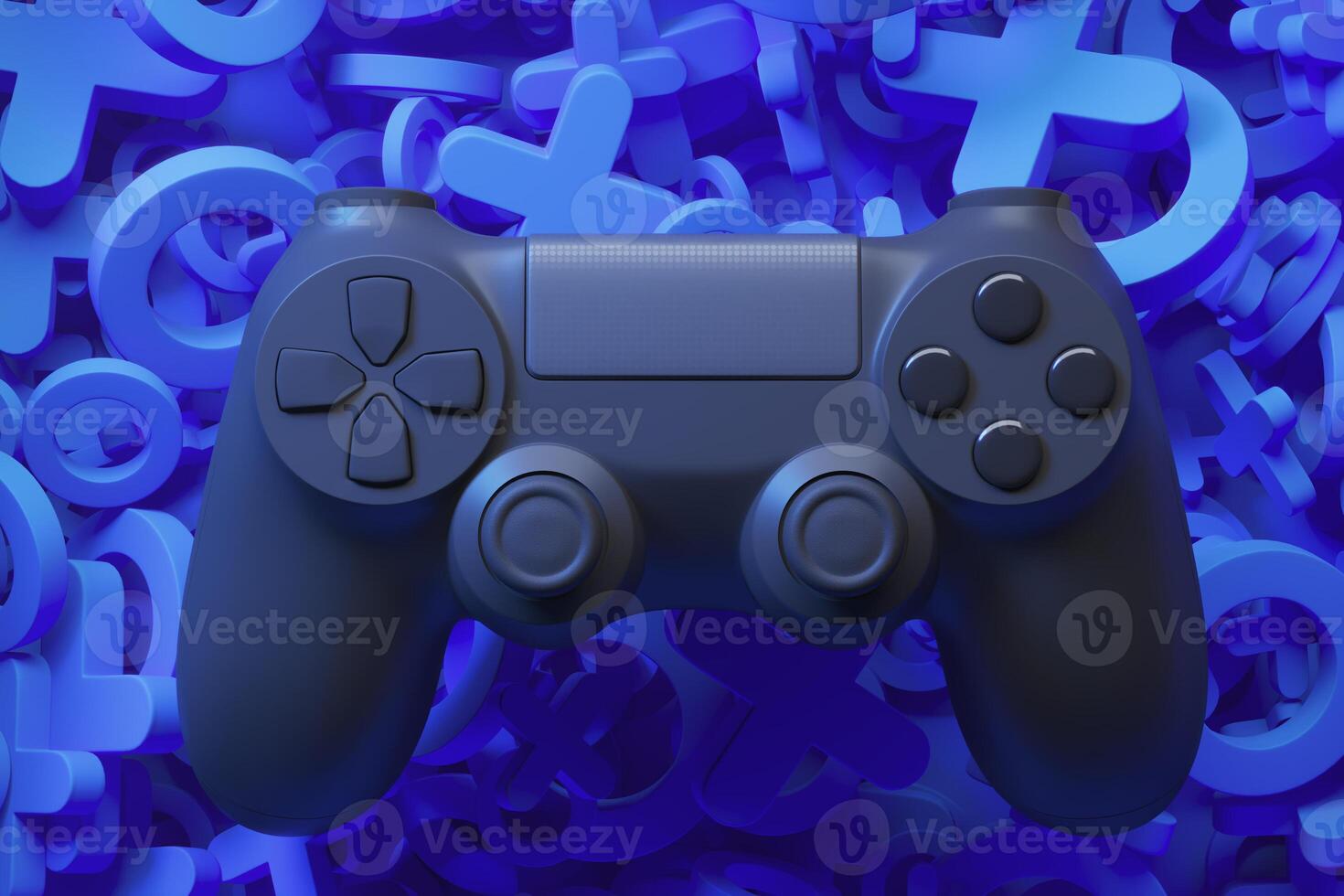 Black joystick isolated on blue background with symbols. 3d rendering photo