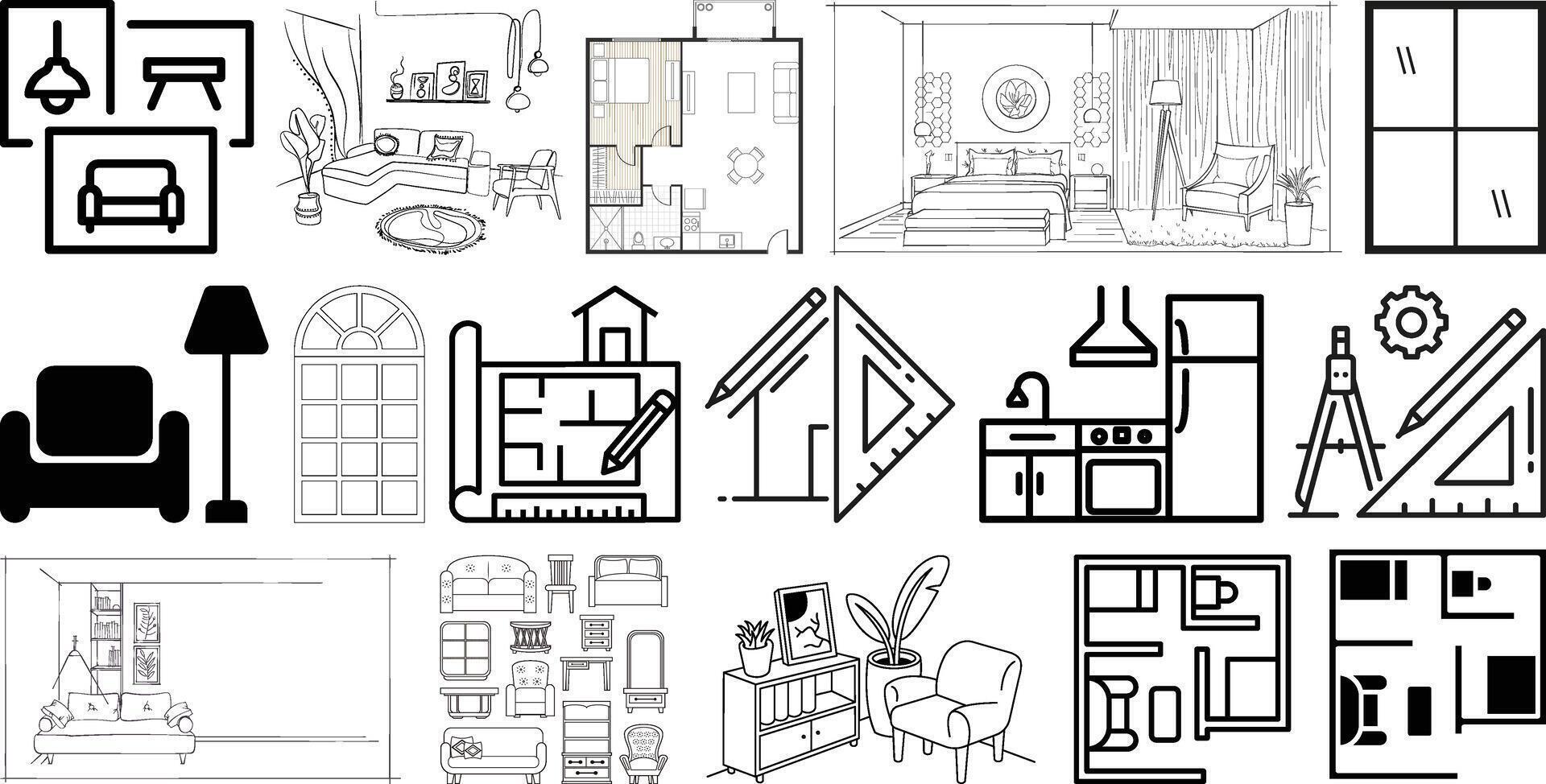 interior and architectural project icons set vector