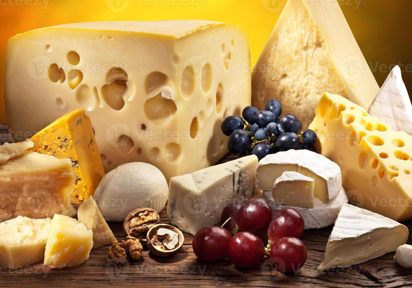 Different types of cheese over old wooden table. photo