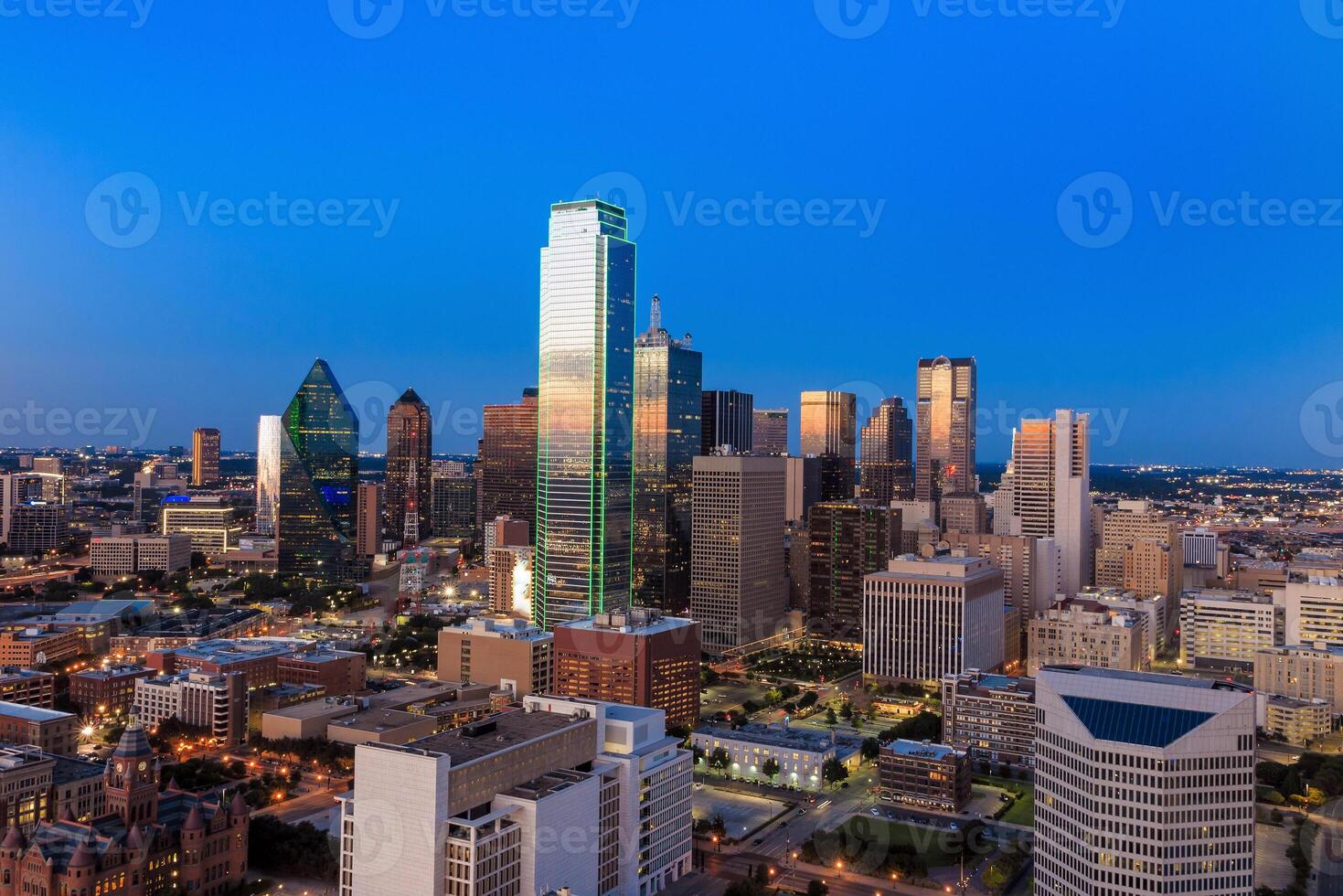 Dallas, Texas cityscape with blue sky at sunset photo