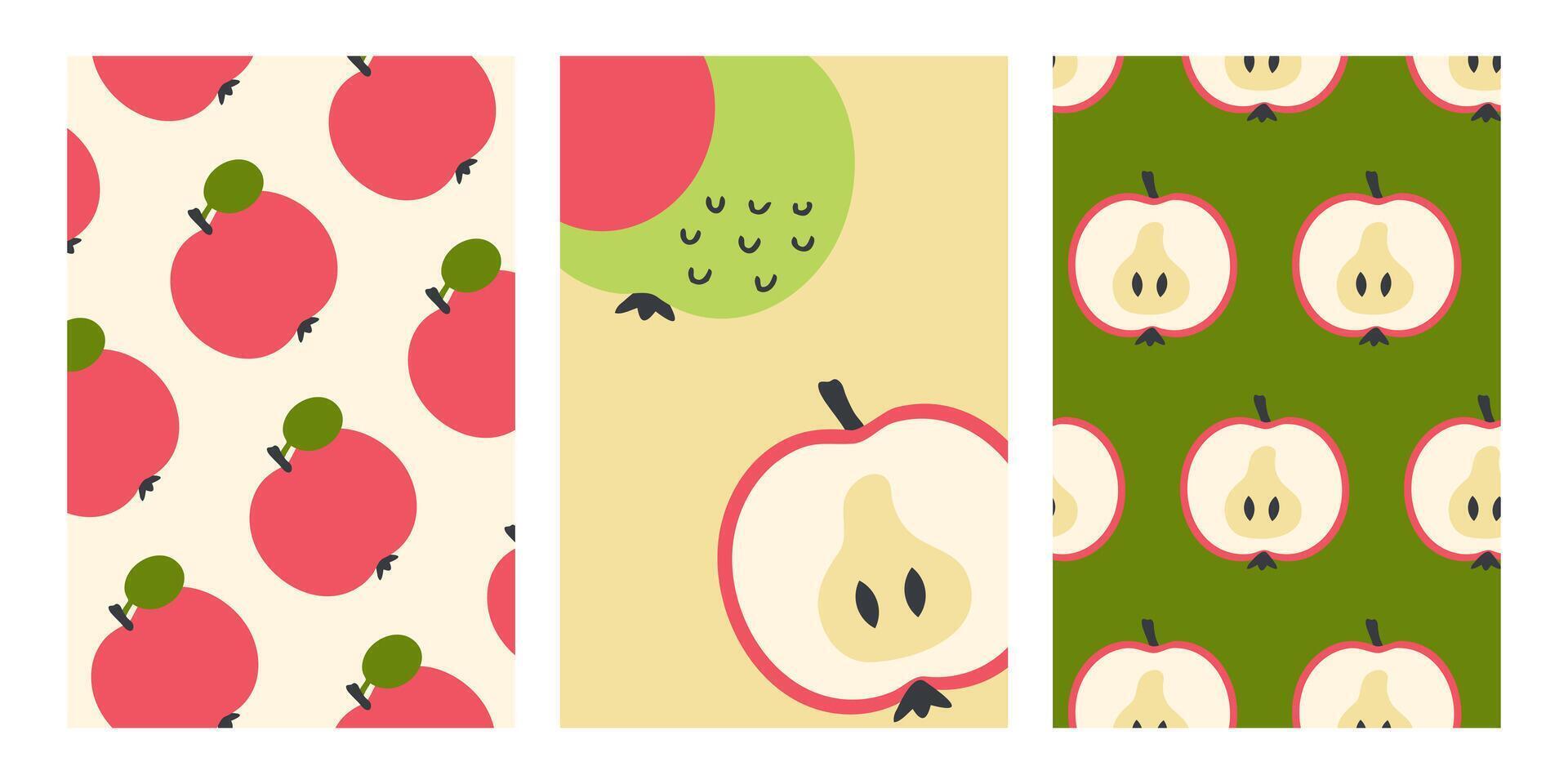 Autumn vertical posters set with apples in flat style. Perfect art background for banner, card, label, sale. Hand drawn illustration. vector