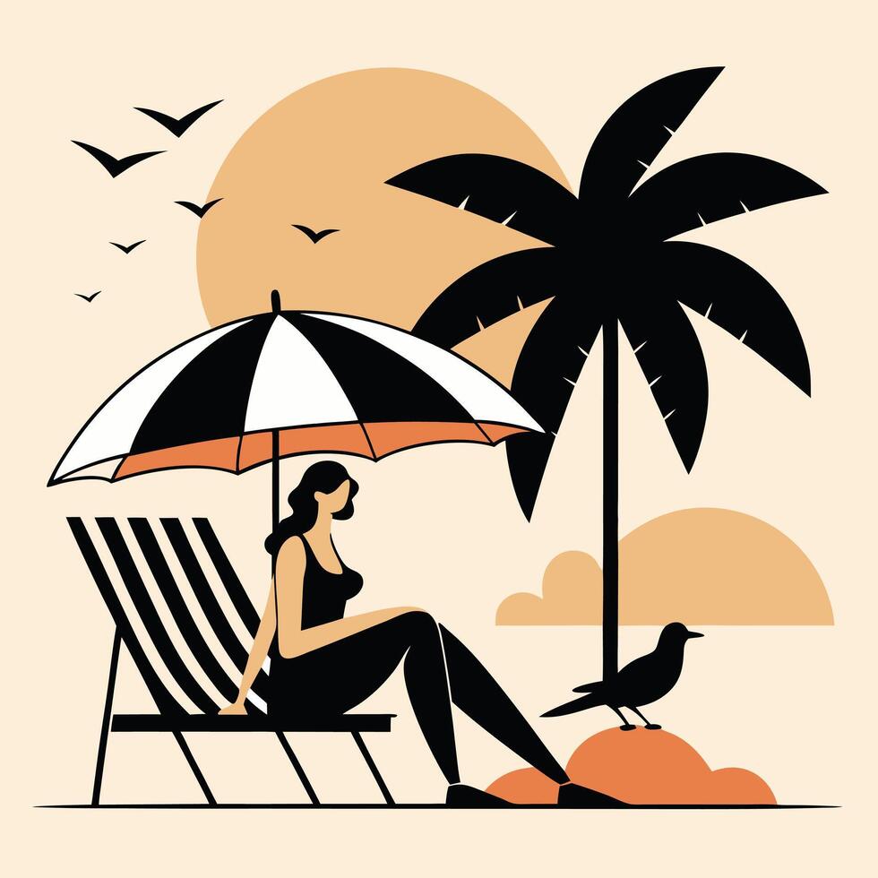 Beach Art Woman Lounging on Deck Chair with Large Umbrella vector
