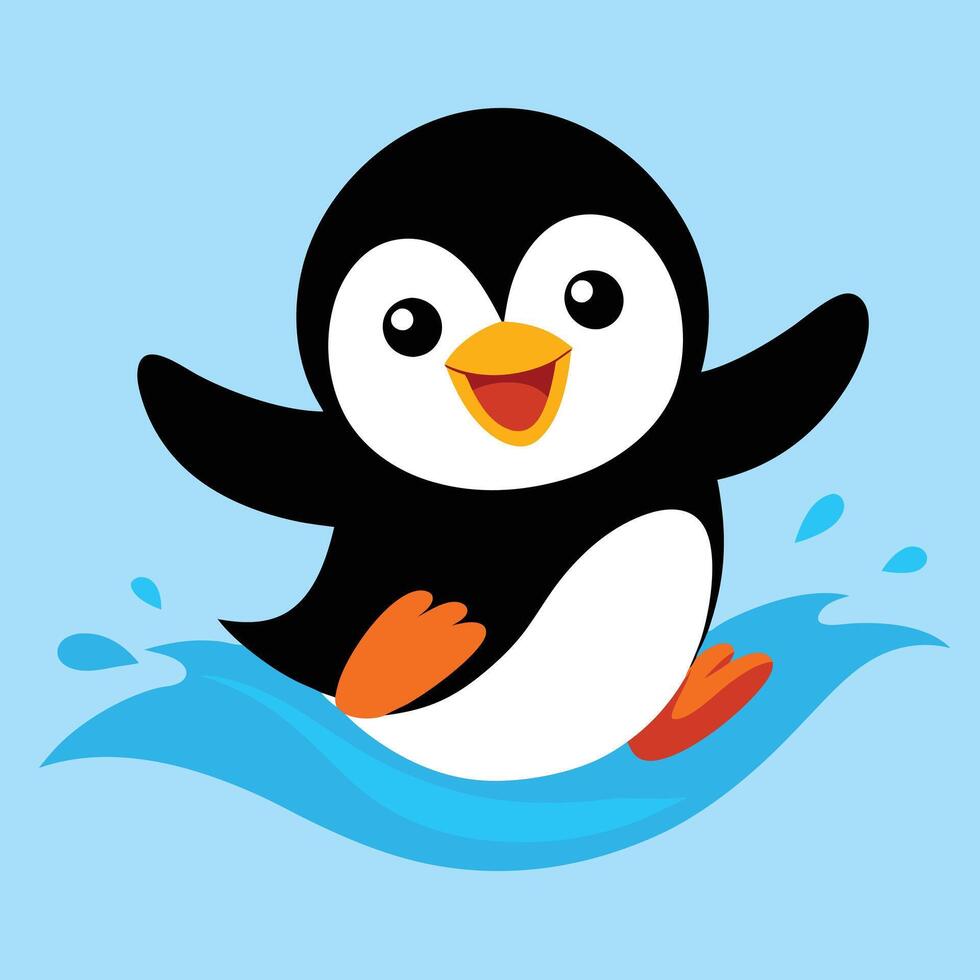 Penguin Sliding on Ice Joyful and Colorful Cartoon Graphic vector