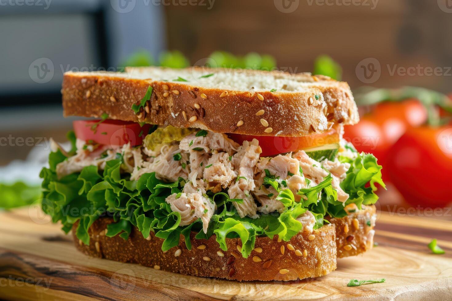 A sandwich with tuna and lettuce on a wooden cutting board photo