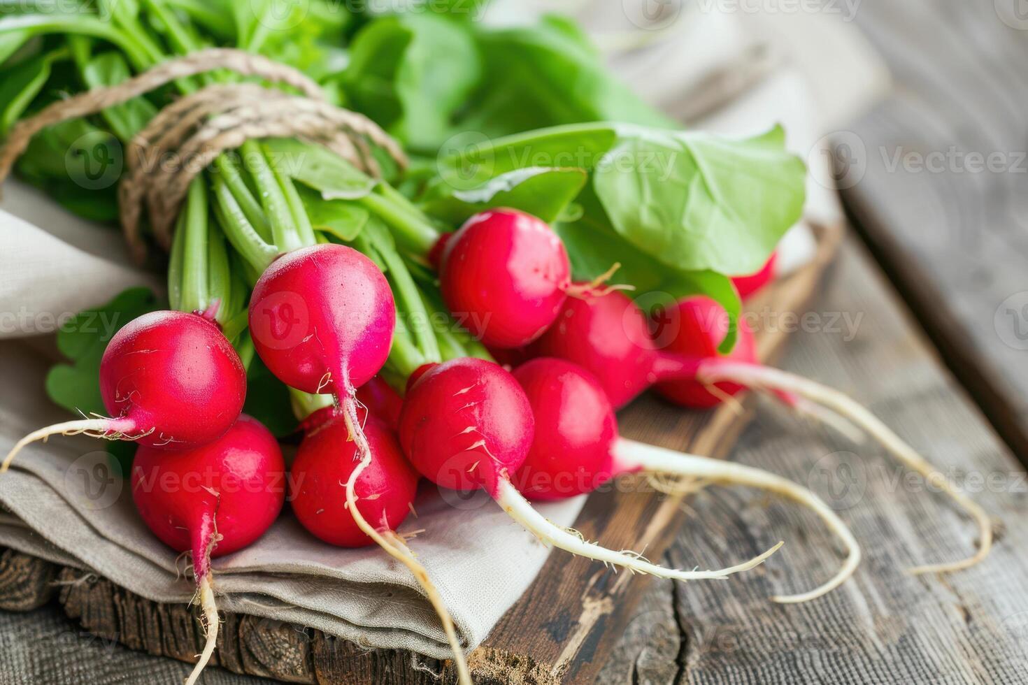 A bunch of radishes on a wooden table photo
