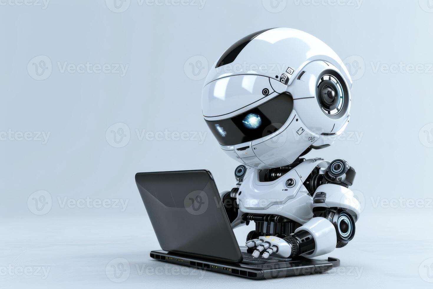 A robot is sitting on a laptop computer photo