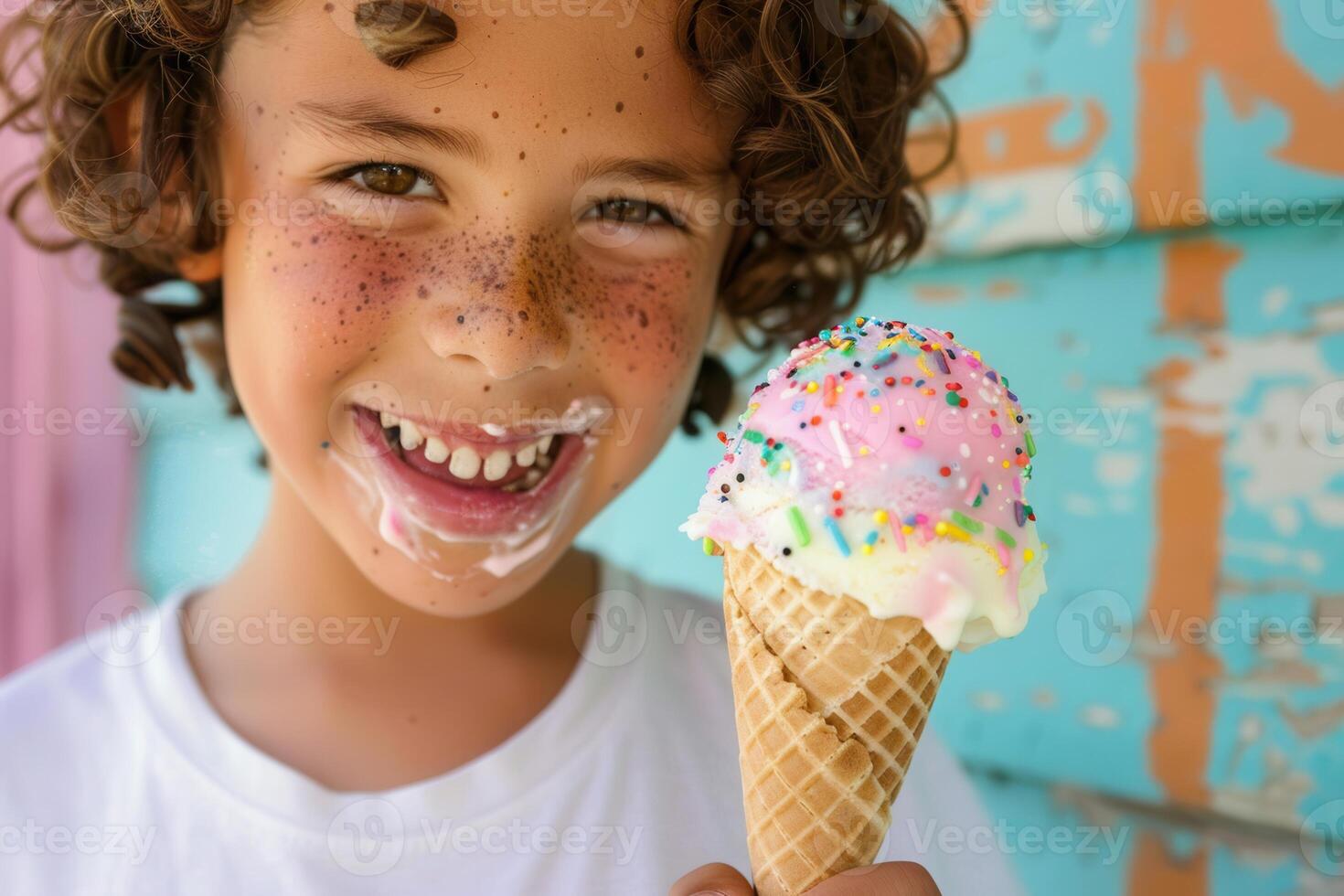 A young boy is holding an ice cream cone photo