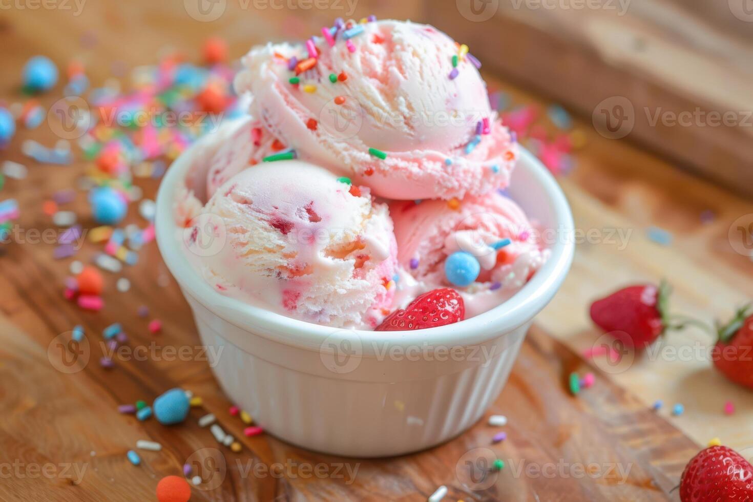 A bowl of ice cream with sprinkles and strawberries photo
