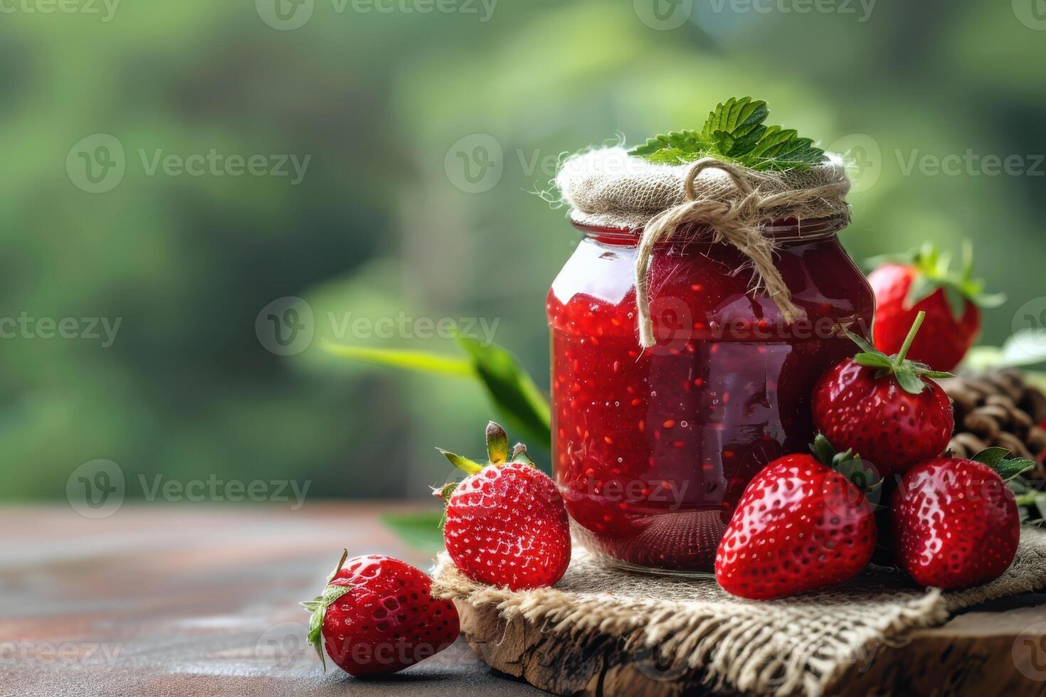 Strawberry jam in a jar on a wooden table with fresh strawberries photo