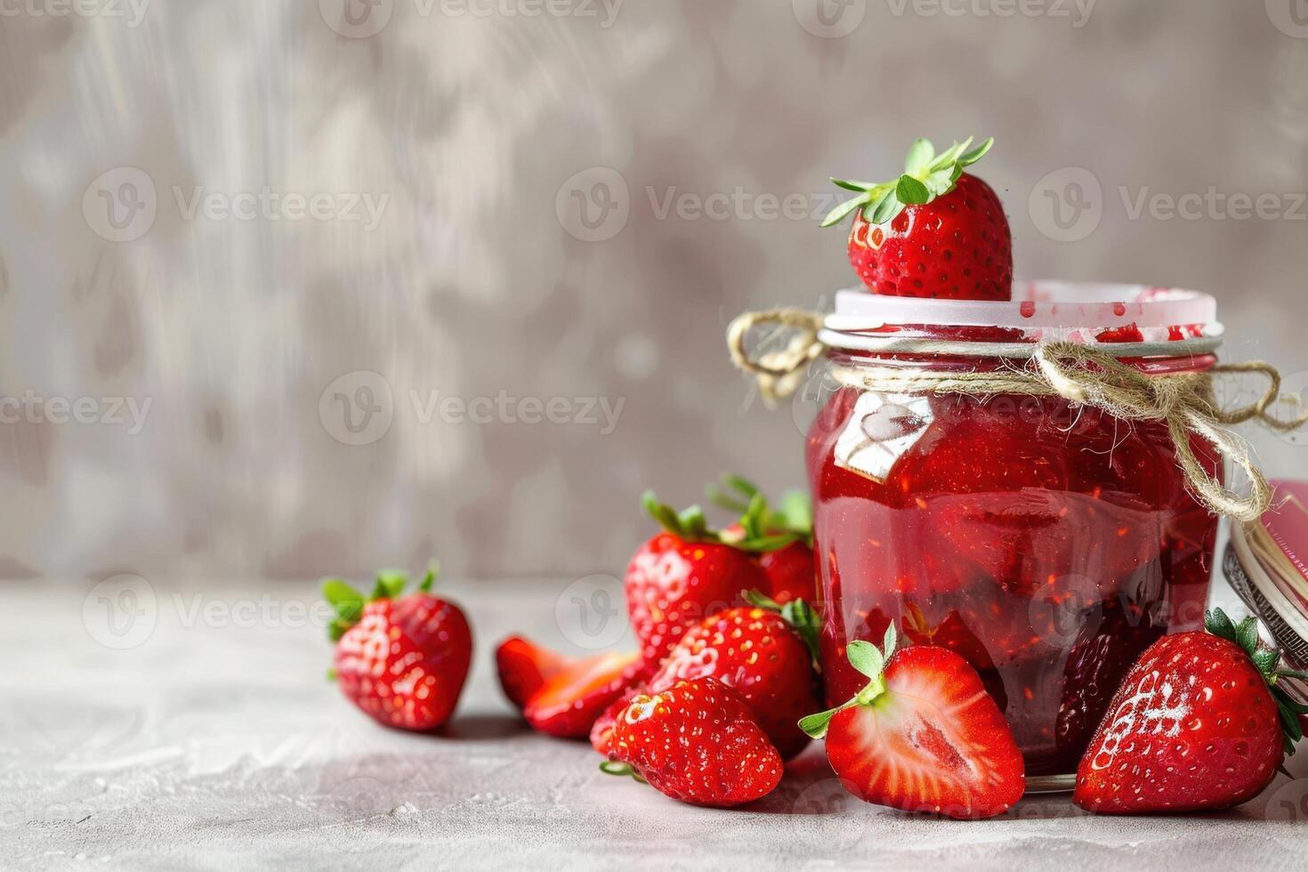 Strawberry jam in a glass jar with a jar of strawberries on a table photo