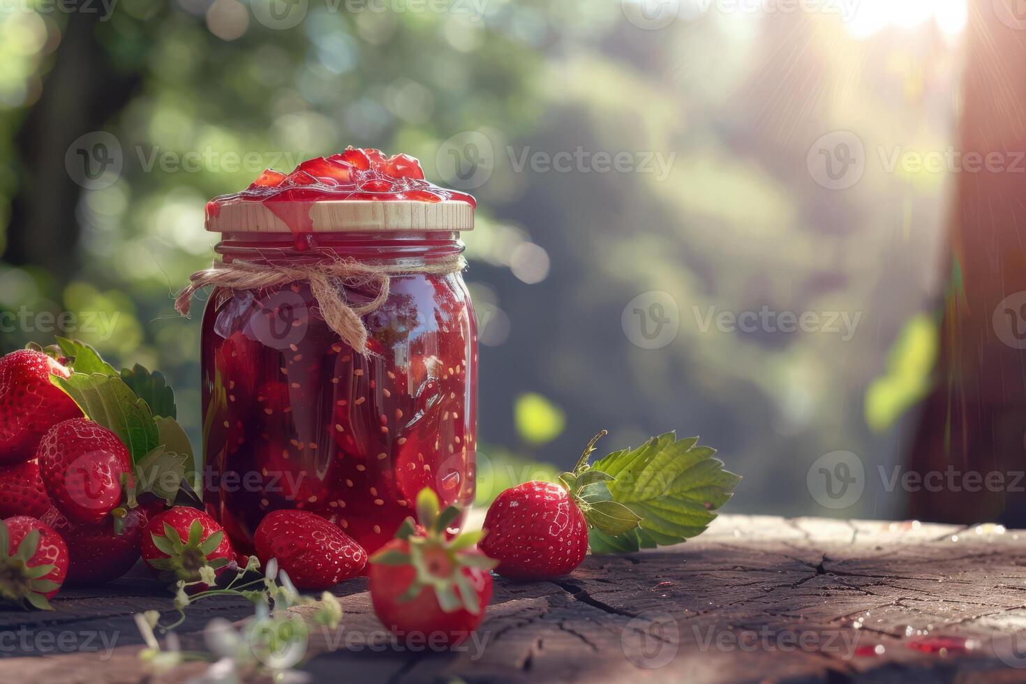 A jar of strawberry jam with fresh strawberries on a wooden table photo