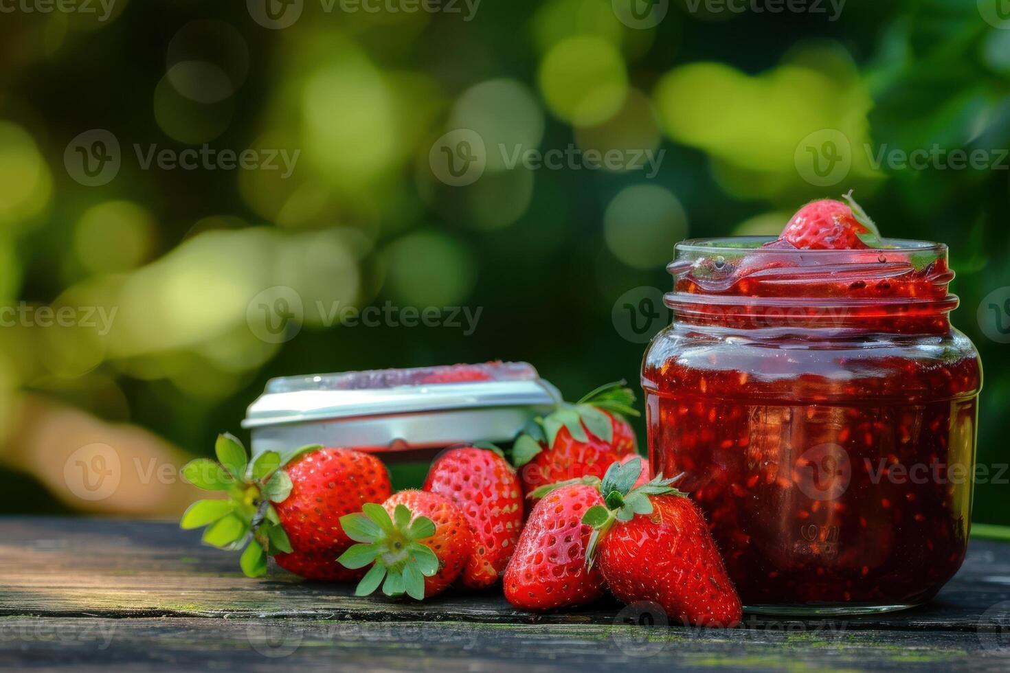 Strawberry jam in a jar on a wooden table photo