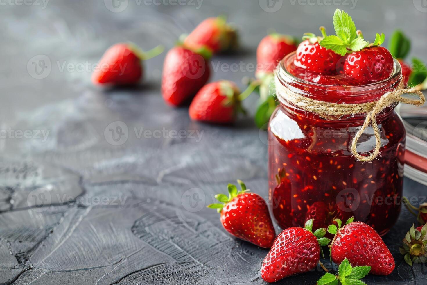 Strawberry jam in a jar with fresh strawberries on a dark background photo