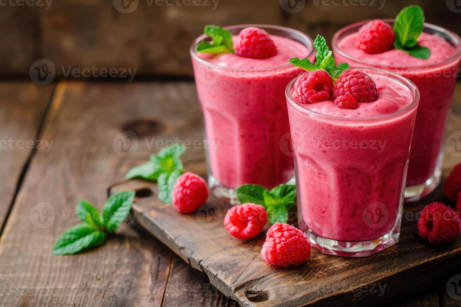 Raspberry smoothie with fresh raspberries and mint leaves on wooden table photo
